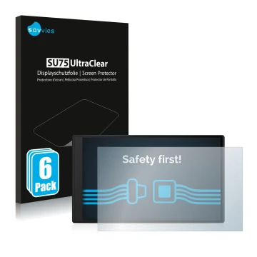 Vorderseite einer Produktverpackung mit dem Markenlogo Savvies. Daneben ist das Gerät Garmin Camper 795 mit dem zugehörigen Di