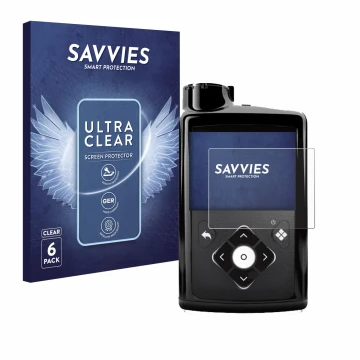 Vorderseite einer Produktverpackung mit dem Markenlogo Savvies. Daneben ist das Gerät Medtronic Minimed 780G mit dem zugehörig