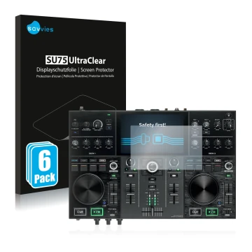 Vorderseite einer Produktverpackung mit dem Markenlogo Savvies. Daneben ist das Gerät Denon DJ Prime Go mit dem zugehörigen Di