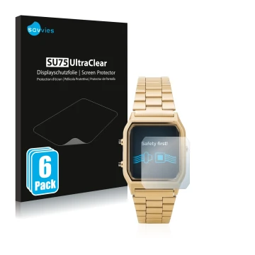 Vorderseite einer Produktverpackung mit dem Markenlogo Savvies. Daneben ist das Gerät Casio AQ-230GA mit dem zugehörigen Displ