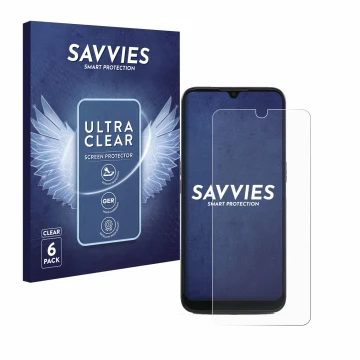 Vorderseite einer Produktverpackung mit dem Markenlogo Savvies. Daneben ist das Gerät Doro 8100 mit dem zugehörigen Displaysch