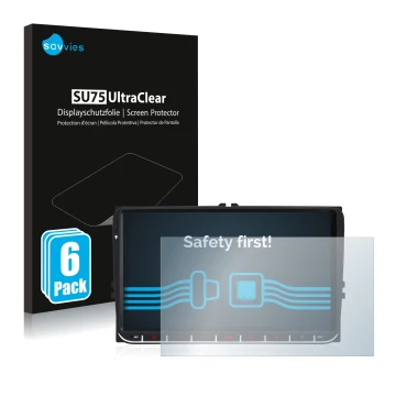 Vorderseite einer Produktverpackung mit dem Markenlogo Savvies. Daneben ist das Gerät M.I.C. AV9V2 mit dem zugehörigen Display