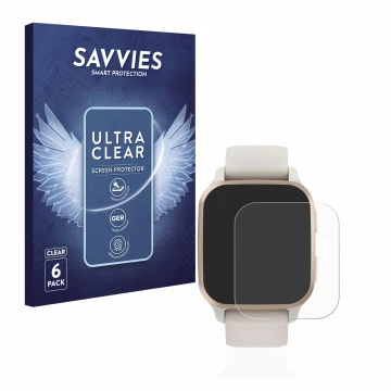 Vorderseite einer Produktverpackung mit dem Markenlogo Savvies. Daneben ist das Gerät Garmin Venu Sq 2 Music mit dem zugehörig