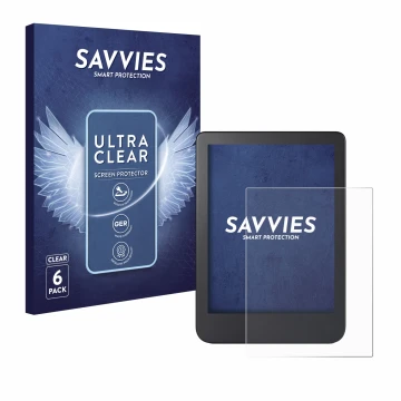 Vorderseite einer Produktverpackung mit dem Markenlogo Savvies. Daneben ist das Gerät Kobo Clara 2E mit dem zugehörigen Displa