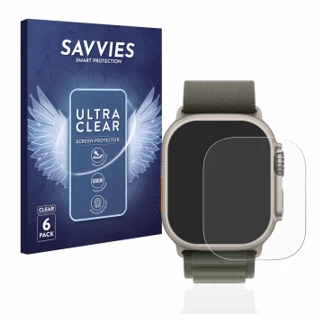 Vorderseite einer Produktverpackung mit dem Markenlogo Savvies. Daneben ist das Gerät Apple Watch Ultra (49 mm) mit dem zugehö