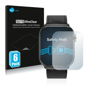 Vorderseite einer Produktverpackung mit dem Markenlogo Savvies. Daneben ist das Gerät Apple Watch Hermès (41 mm) mit dem zugeh