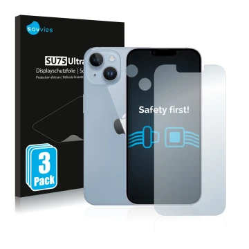 Vorderseite einer Produktverpackung mit dem Markenlogo Savvies. Daneben ist das Gerät Apple iPhone 14 (Display+Kamera) mit dem