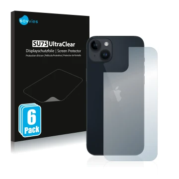 Vorderseite einer Produktverpackung mit dem Markenlogo Savvies. Daneben ist das Gerät Apple iPhone 14 Plus (Rückseite) mit dem