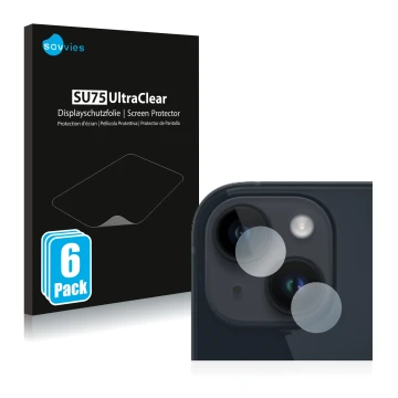 Vorderseite einer Produktverpackung mit dem Markenlogo Savvies. Daneben ist das Gerät Apple iPhone 14 Plus (NUR Kameraschutz) 