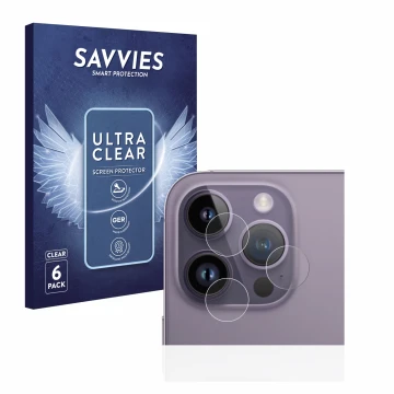 Vorderseite einer Produktverpackung mit dem Markenlogo Savvies. Daneben ist das Gerät Apple iPhone 14 Pro Max (NUR Kameraschut