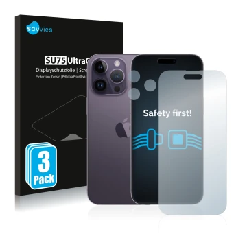 Vorderseite einer Produktverpackung mit dem Markenlogo Savvies. Daneben ist das Gerät Apple iPhone 14 Pro Max (Display+Kamera)