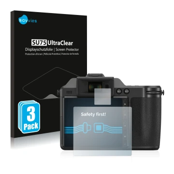 Vorderseite einer Produktverpackung mit dem Markenlogo Savvies. Daneben ist das Gerät Hasselblad X2D 100C mit dem zugehörigen 