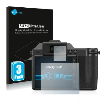 Vorderseite einer Produktverpackung mit dem Markenlogo Savvies. Daneben ist das Gerät Fujifilm X-H2 mit dem zugehörigen Displa