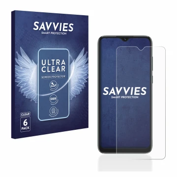 Vorderseite einer Produktverpackung mit dem Markenlogo Savvies. Daneben ist das Gerät Blackview A55 mit dem zugehörigen Displa