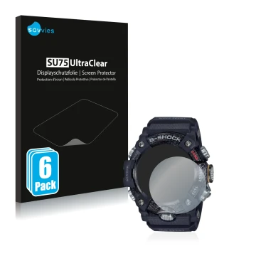 Vorderseite einer Produktverpackung mit dem Markenlogo Savvies. Daneben ist das Gerät Casio G-Shock Mudmaster GG-B100-1AER mit