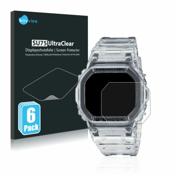 Vorderseite einer Produktverpackung mit dem Markenlogo Savvies. Daneben ist das Gerät Casio G-Shock DW-5600SKE-7 mit dem zugeh