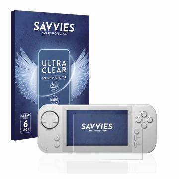 Vorderseite einer Produktverpackung mit dem Markenlogo Savvies. Daneben ist das Gerät Evercade EXP mit dem zugehörigen Display