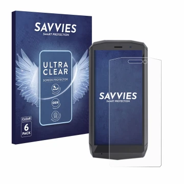 Vorderseite einer Produktverpackung mit dem Markenlogo Savvies. Daneben ist das Gerät Cubot Pocket mit dem zugehörigen Display
