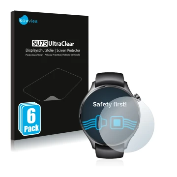 Vorderseite einer Produktverpackung mit dem Markenlogo Savvies. Daneben ist das Gerät Xiaomi Watch S1 Pro mit dem zugehörigen 