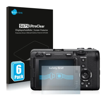 Vorderseite einer Produktverpackung mit dem Markenlogo Savvies. Daneben ist das Gerät Sony Alpha FX30 Cinema Line mit dem zuge