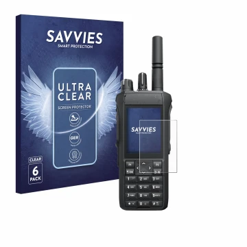 Vorderseite einer Produktverpackung mit dem Markenlogo Savvies. Daneben ist das Gerät Motorola R7 mit dem zugehörigen Displays
