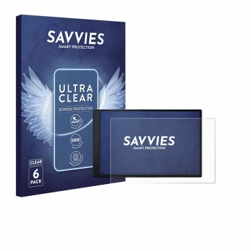 Vorderseite einer Produktverpackung mit dem Markenlogo Savvies. Daneben ist das Gerät Garmin DriveSmart 86 mit dem zugehörigen