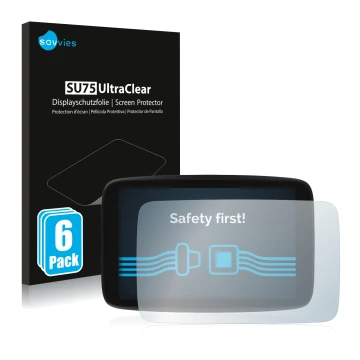 Vorderseite einer Produktverpackung mit dem Markenlogo Savvies. Daneben ist das Gerät TomTom GO Camper Max mit dem zugehörigen