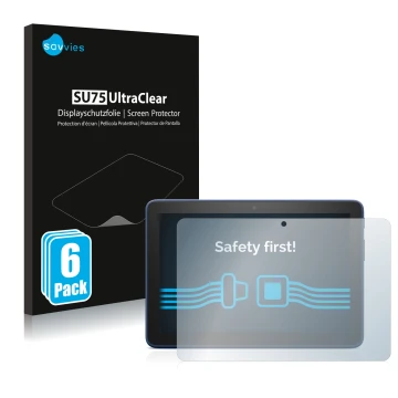 Vorderseite einer Produktverpackung mit dem Markenlogo Savvies. Daneben ist das Gerät Amazon Fire HD 8 2022 mit dem zugehörige