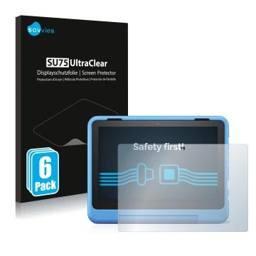 Vorderseite einer Produktverpackung mit dem Markenlogo Savvies. Daneben ist das Gerät Amazon Fire HD 8 Kids Pro 2022 mit dem z