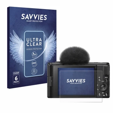Vorderseite einer Produktverpackung mit dem Markenlogo Savvies. Daneben ist das Gerät Sony ZV-1F mit dem zugehörigen Displaysc