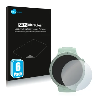 Vorderseite einer Produktverpackung mit dem Markenlogo Savvies. Daneben ist das Gerät Swatch Big Bold Bioceramic mit dem zugeh