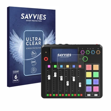 Vorderseite einer Produktverpackung mit dem Markenlogo Savvies. Daneben ist das Gerät Rode Rodecaster Pro II mit dem zugehörig