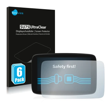 Vorderseite einer Produktverpackung mit dem Markenlogo Savvies. Daneben ist das Gerät TomTom GO Exclusive mit dem zugehörigen 