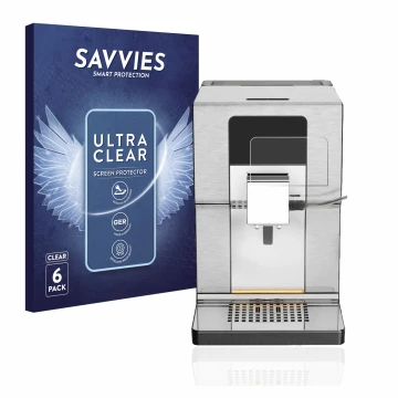 Vorderseite einer Produktverpackung mit dem Markenlogo Savvies. Daneben ist das Gerät Krups Intuition Experience+ EA877D10 mit