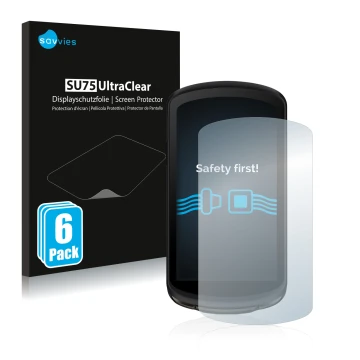 Vorderseite einer Produktverpackung mit dem Markenlogo Savvies. Daneben ist das Gerät Garmin Edge 1040 Solar mit dem zugehörig