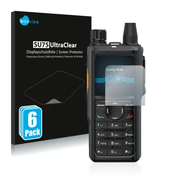 Vorderseite einer Produktverpackung mit dem Markenlogo Savvies. Daneben ist das Gerät Hytera HP 685 mit dem zugehörigen Displa