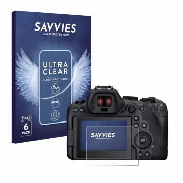 Vorderseite einer Produktverpackung mit dem Markenlogo Savvies. Daneben ist das Gerät Canon EOS R6 Mark II mit dem zugehörigen