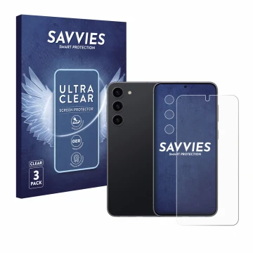 Vorderseite einer Produktverpackung mit dem Markenlogo Savvies. Daneben ist das Gerät Samsung Galaxy S23 (Display+Kamera) mit 