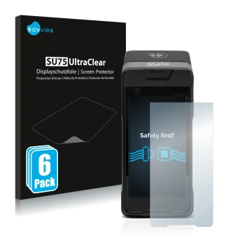 Vorderseite einer Produktverpackung mit dem Markenlogo Savvies. Daneben ist das Gerät myPOS Carbon mit dem zugehörigen Display