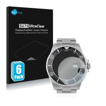 Vorderseite einer Produktverpackung mit dem Markenlogo Savvies. Daneben ist das Gerät Rolex Sea-Dweller 43mm (Date) mit dem zu