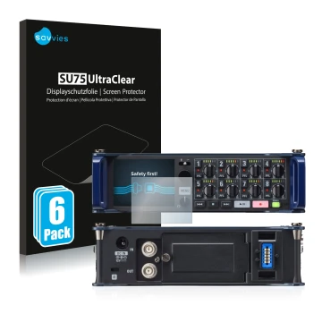 Vorderseite einer Produktverpackung mit dem Markenlogo Savvies. Daneben ist das Gerät Zoom F8 field recorder mit dem zugehörig