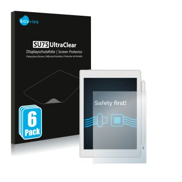 Vorderseite einer Produktverpackung mit dem Markenlogo Savvies. Daneben ist das Gerät Boox Nova Air 2 mit dem zugehörigen Disp