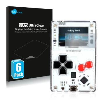 Vorderseite einer Produktverpackung mit dem Markenlogo Savvies. Daneben ist das Gerät Arduboy FX mit dem zugehörigen Displaysc
