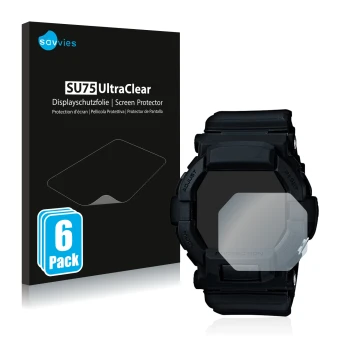 Vorderseite einer Produktverpackung mit dem Markenlogo Savvies. Daneben ist das Gerät Casio G-Shock GD350 mit dem zugehörigen 