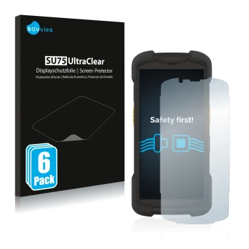 Vorderseite einer Produktverpackung mit dem Markenlogo Savvies. Daneben ist das Gerät Zebra TC73 mit dem zugehörigen Displaysc