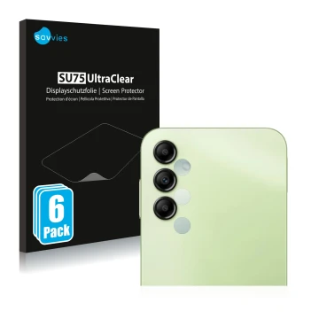 Vorderseite einer Produktverpackung mit dem Markenlogo Savvies. Daneben ist das Gerät Samsung Galaxy A14 5G (NUR Kameraschutz)