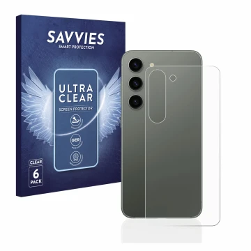 Vorderseite einer Produktverpackung mit dem Markenlogo Savvies. Daneben ist das Gerät Samsung Galaxy S23 (Rückseite) mit dem z
