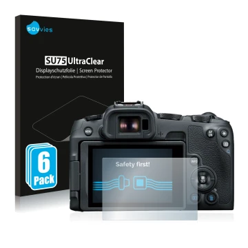 Vorderseite einer Produktverpackung mit dem Markenlogo Savvies. Daneben ist das Gerät Canon EOS R8 mit dem zugehörigen Display