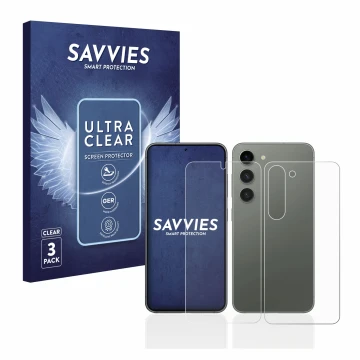 Vorderseite einer Produktverpackung mit dem Markenlogo Savvies. Daneben ist das Gerät Samsung Galaxy S23 (Display+Rückseite) m