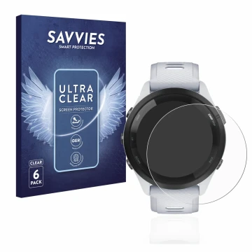 Vorderseite einer Produktverpackung mit dem Markenlogo Savvies. Daneben ist das Gerät Garmin Forerunner 265 (46 mm) mit dem zu